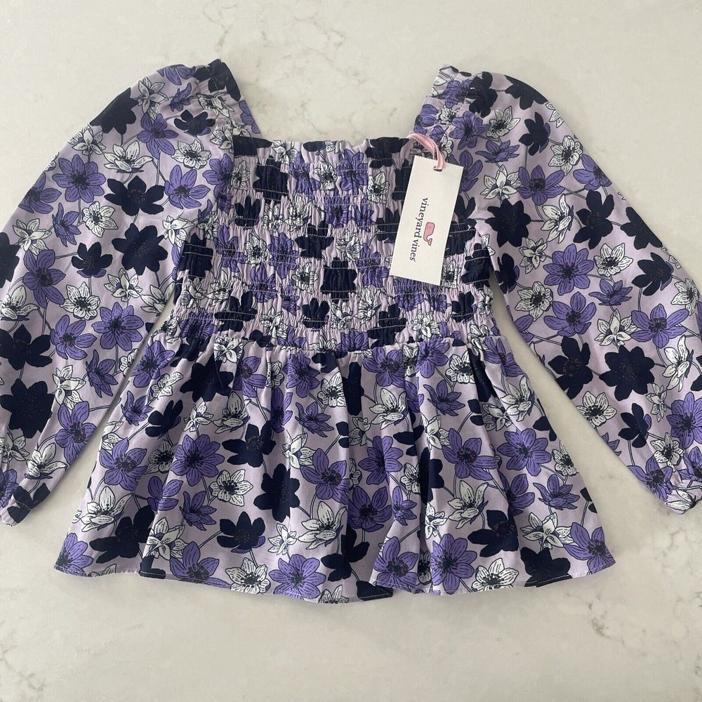 Vinyard Vines Iris Purple Easton Floral‎ Puff Sleeve Smocked Top Shirt Girls' XS